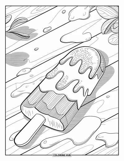 Coloriage de glace à l'eau pour adultes : Une glace à l'eau très détaillée avec des textures réalistes, reposant sur une surface en bois