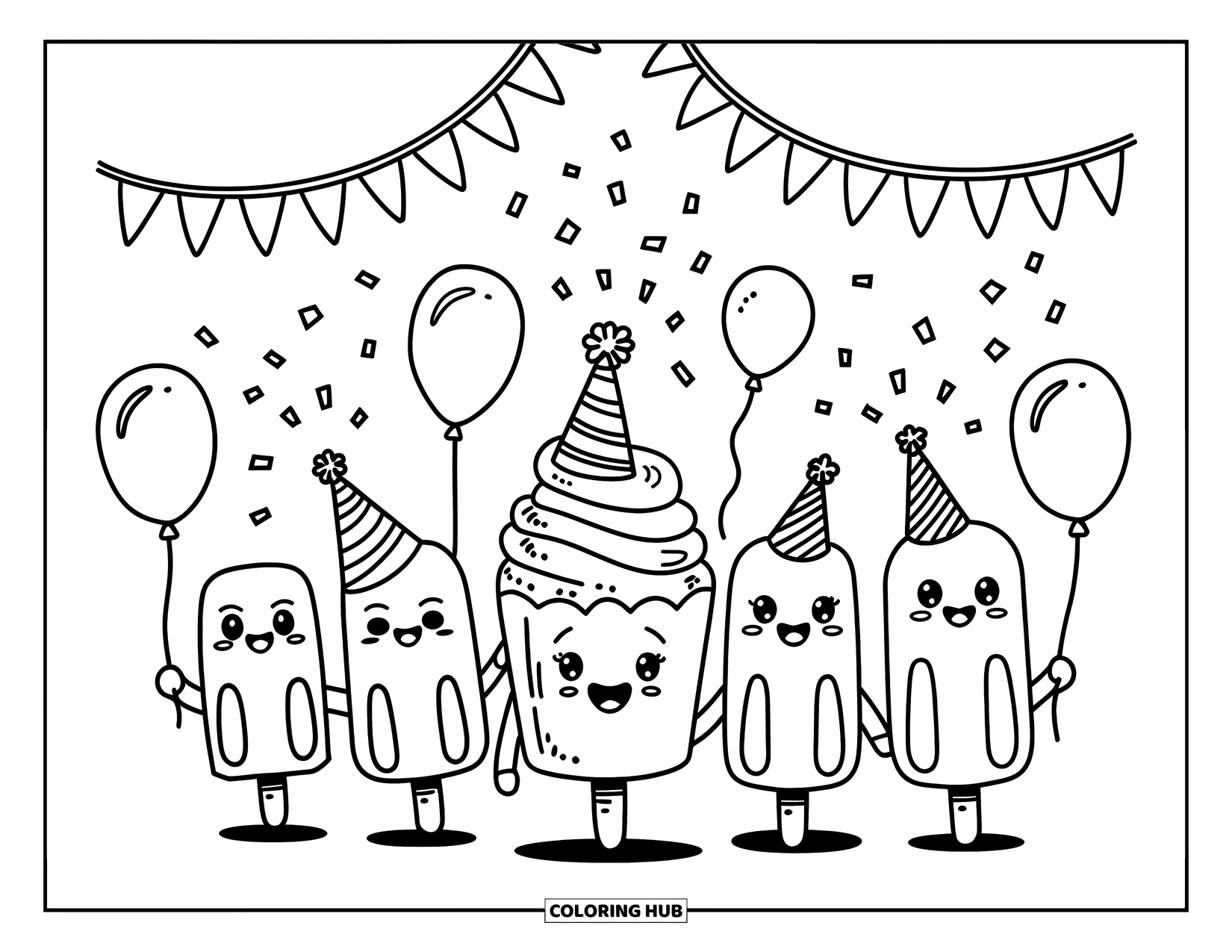 Popsicle Coloring Page for Adults: A joyful parade of happy popsicles with balloons, party hats, and confetti