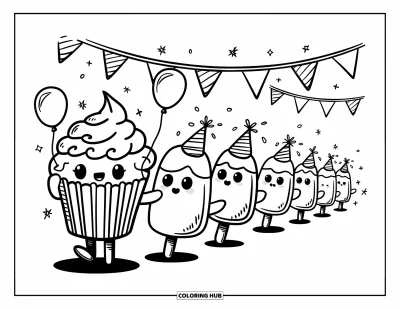 Coloriage de glace à l'eau pour adultes : Un défilé de glaces à l'eau animé célébrant avec de minuscules lanceurs de confettis et des décorations festives