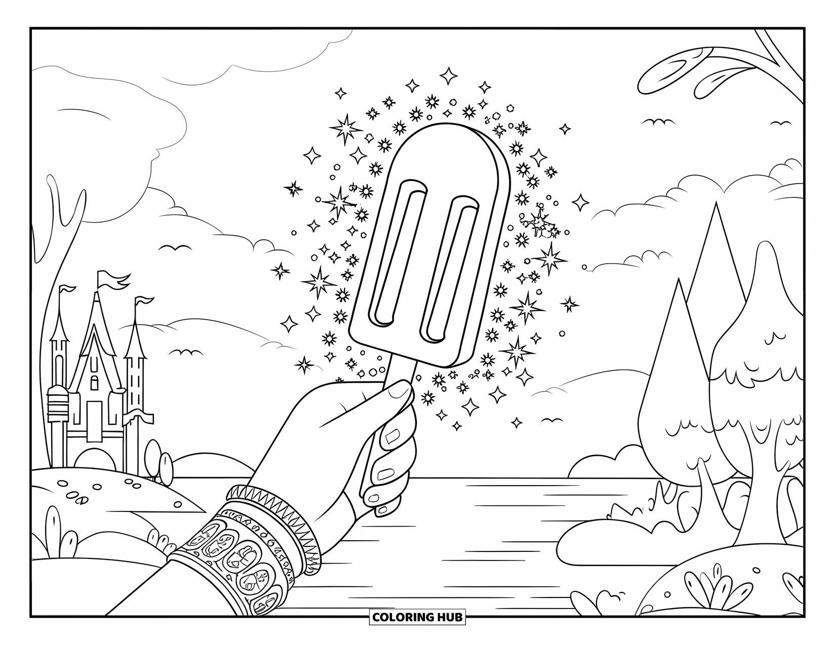 Popsicle Coloring Page for Adults: A magical popsicle with floating sparkles, set against a castle and serene landscape