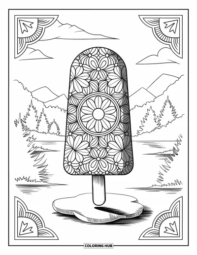 Coloriage de glace à l'eau pour adultes : Une glace à l'eau d'inspiration mandala reposant sur une pierre, située dans une scène de nature tranquille