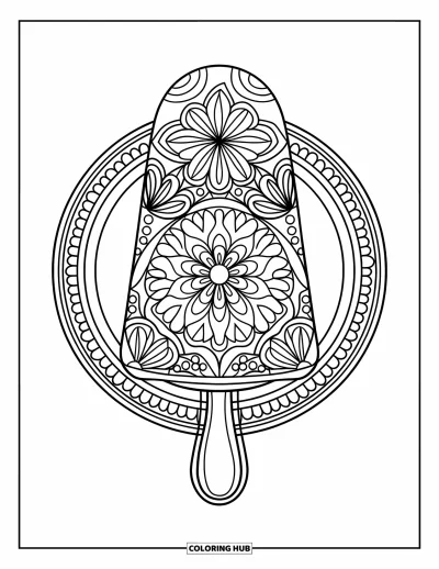 Coloriage de glace à l'eau pour adultes : Une glace à l'eau de style mandala remplie de motifs floraux et géométriques symétriques
