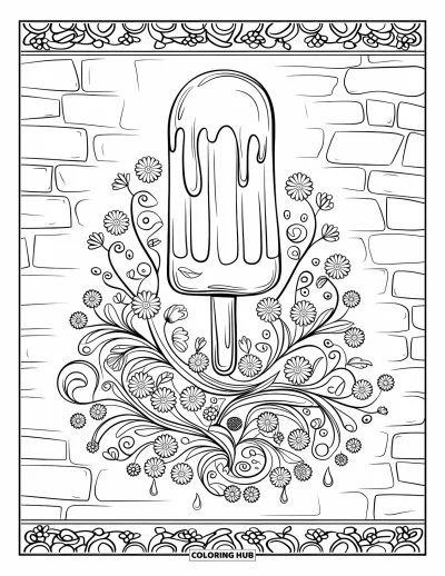 Coloriage de glace à l'eau pour adultes : Une glace à l'eau fondante se fondant dans des motifs floraux contre un mur de briques texturé
