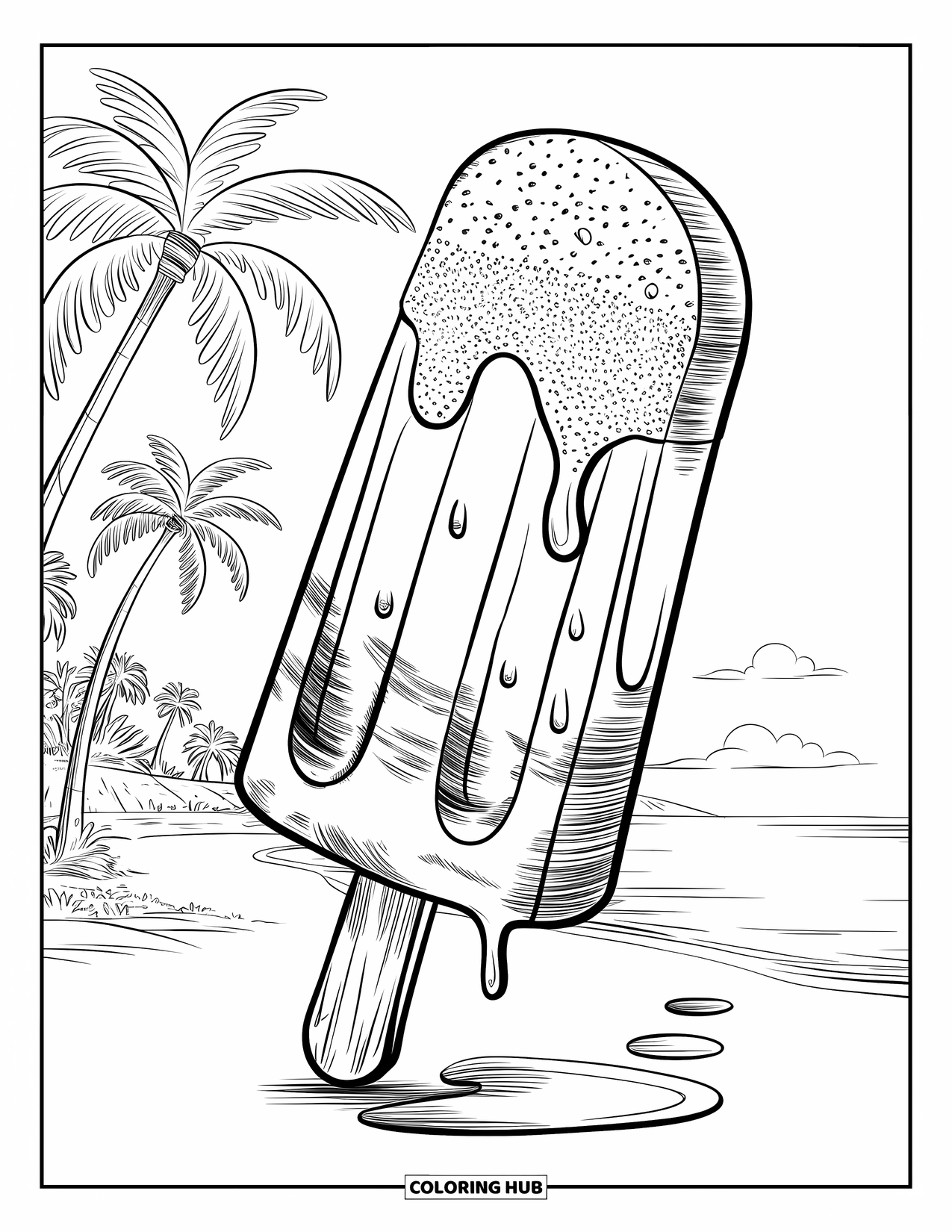 Popsicle Coloring Page for Adults: A melting popsicle set in a serene beach scene with palm trees and a clear sky