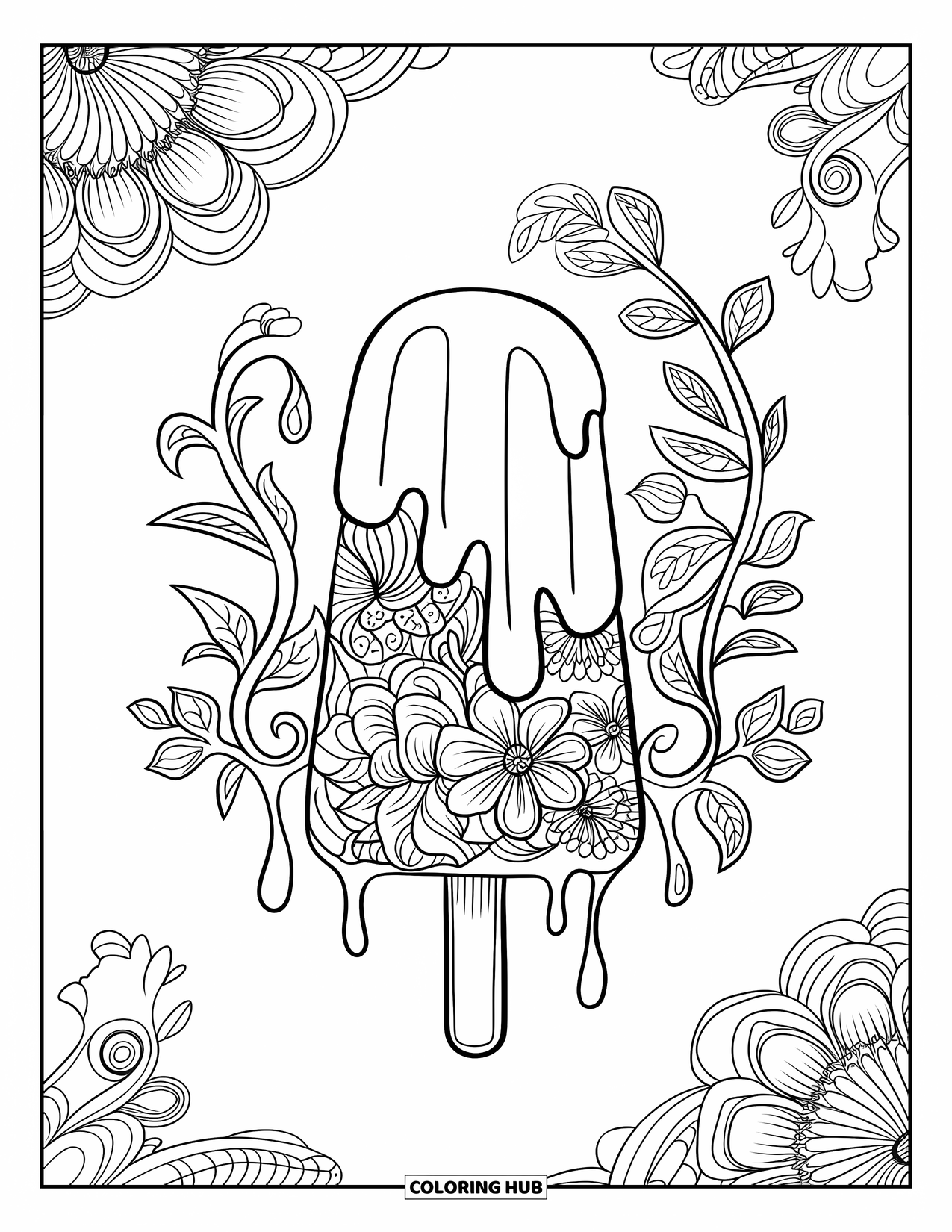 Popsicle Coloring Page for Adults: A melting popsicle transforming into swirling vines and blooming flowers