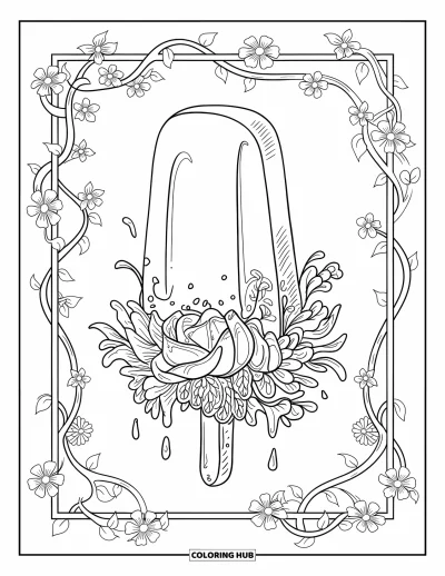 Coloriage de glace à l'eau pour adultes : Une glace à l'eau dégoulinant dans d'élégants motifs floraux avec des vignes décoratives tourbillonnantes