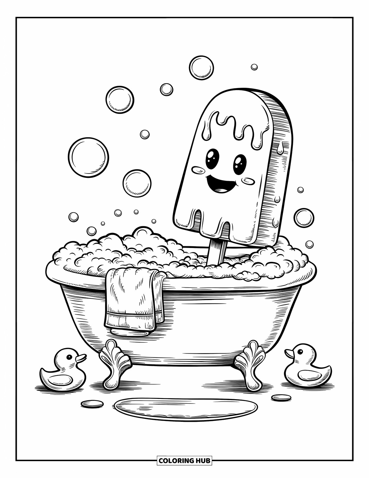Popsicle Coloring Page for Adults: A popsicle taking a spa day in a bathtub with rubber duckies and fizzy bubbles