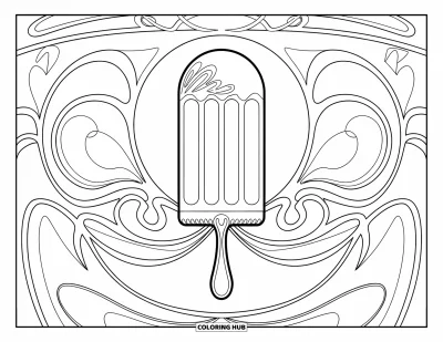 Coloriage de glace à l'eau pour adultes : Une glace à l'eau stylisée avec des motifs complexes et des embellissements art nouveau fluides