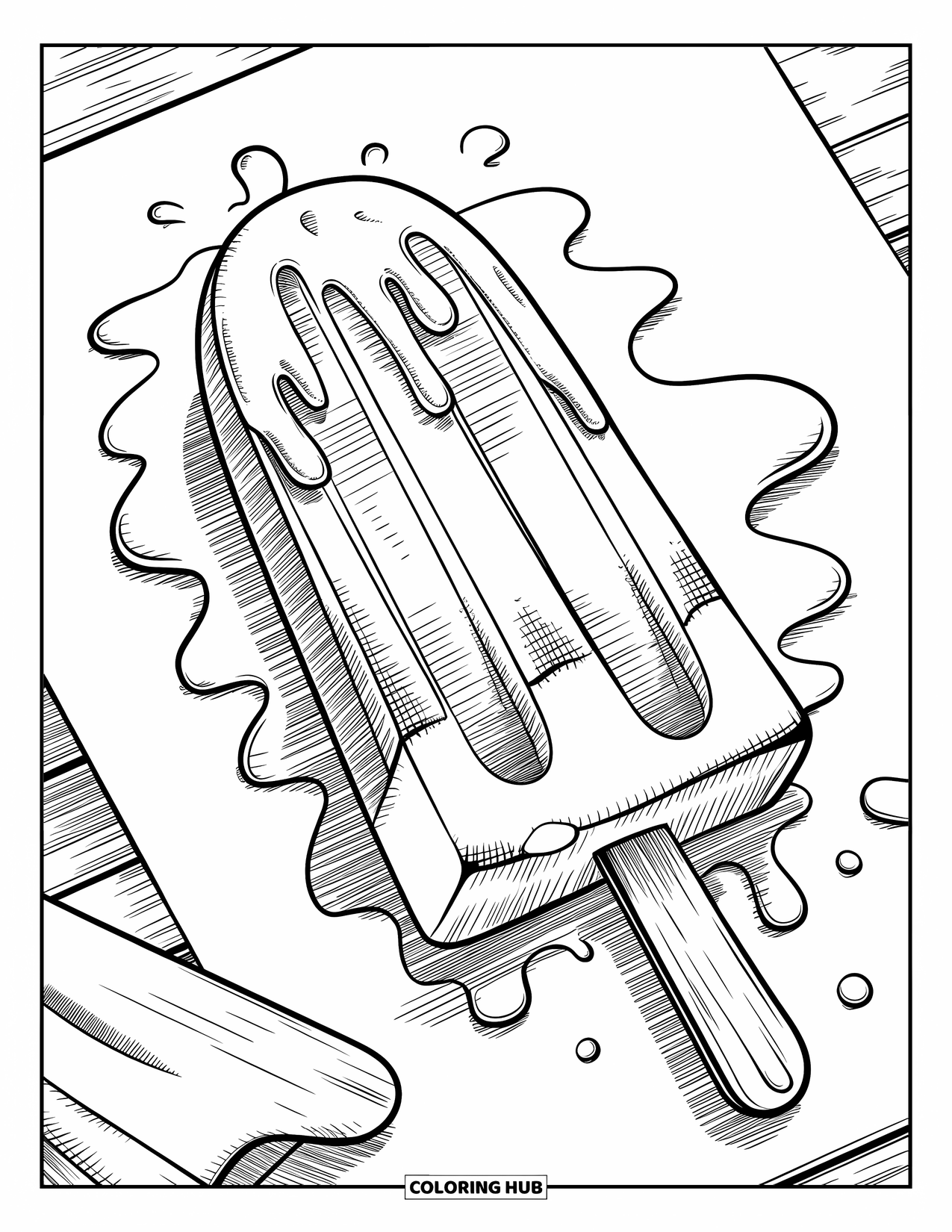 Popsicle Coloring Page for Adults: A summer-themed popsicle with melting drips, placed on a wooden stick