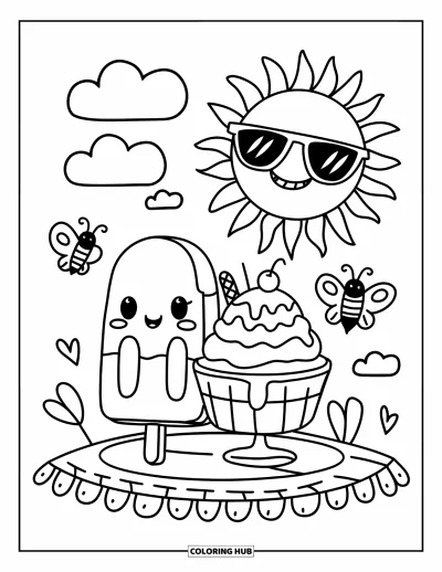 Coloriage de glace à l'eau pour adultes : Une scène de pique-nique ensoleillée avec une glace à l'eau, un sundae et une brise estivale joyeuse