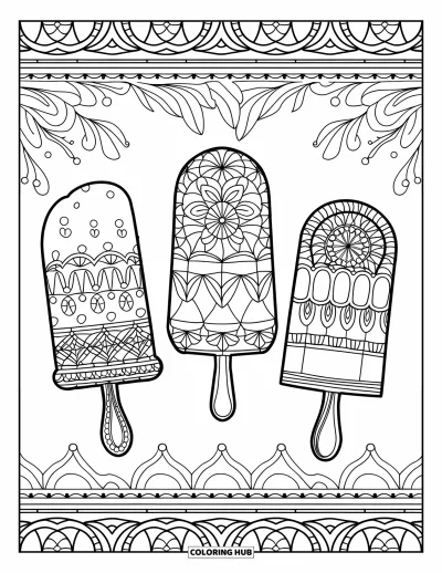 Coloriage de glace à l'eau pour adultes : Un trio de glaces à l'eau artistiques avec des motifs d'inspiration rétro et une bordure florale
