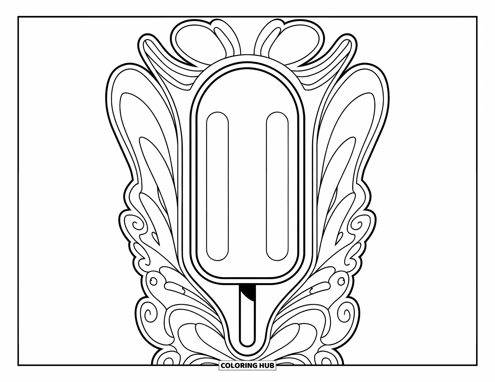 Popsicle Coloring Page for Adults: A vintage-inspired popsicle with intricate curves and artistic detailing