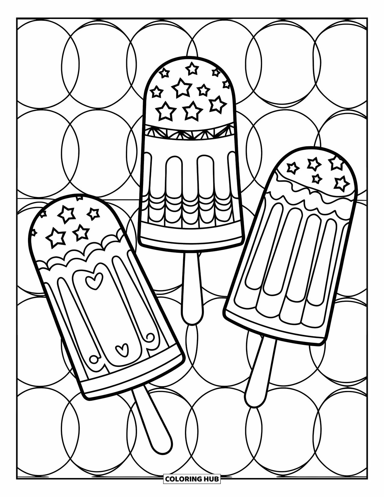 Popsicle Coloring Page for Adults: Decorative vintage popsicles with elaborate designs, set against a geometric backdrop