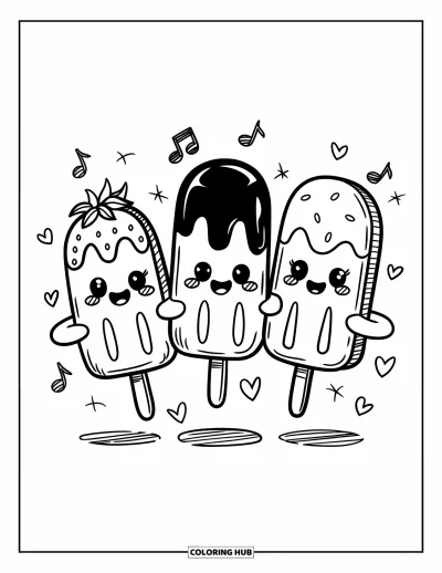 Coloriage de glace à l'eau pour adultes : Trois glaces à l'eau joyeuses se tenant la main et dansant avec des expressions joyeuses