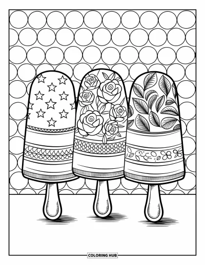 Coloriage de glace à l'eau pour adultes : Trois glaces à l'eau à motifs avec des détails ornés, placées contre un fond texturé