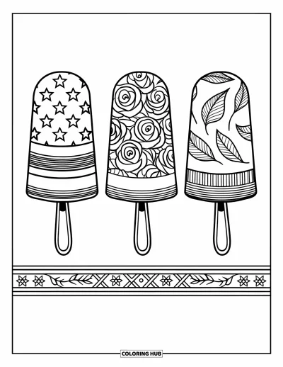 Coloriage de glace à l'eau pour adultes : Trois glaces à l'eau de style vintage avec des motifs complexes d'étoiles, de roses et de feuilles