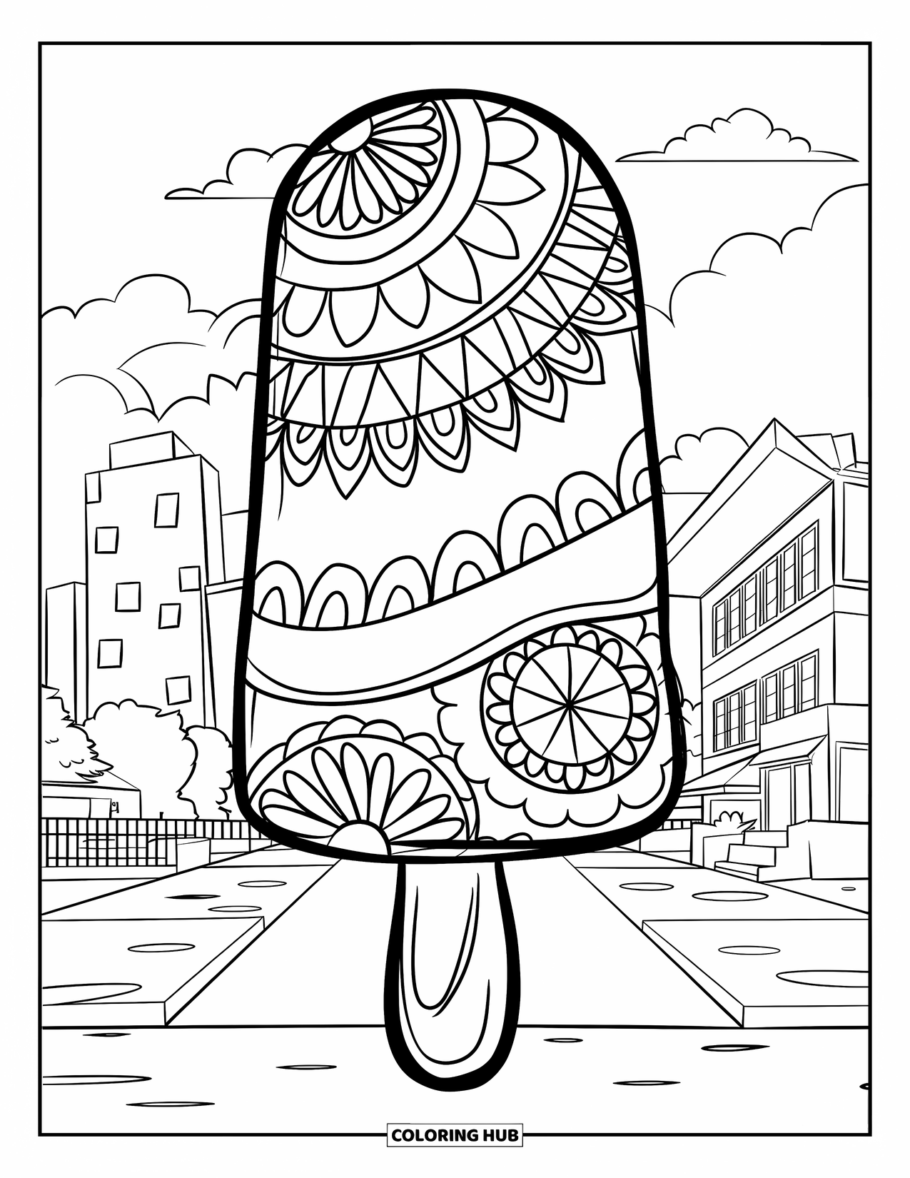 Popsicle Coloring Page for Kids: A beautifully patterned popsicle, resting against a lively summer city background