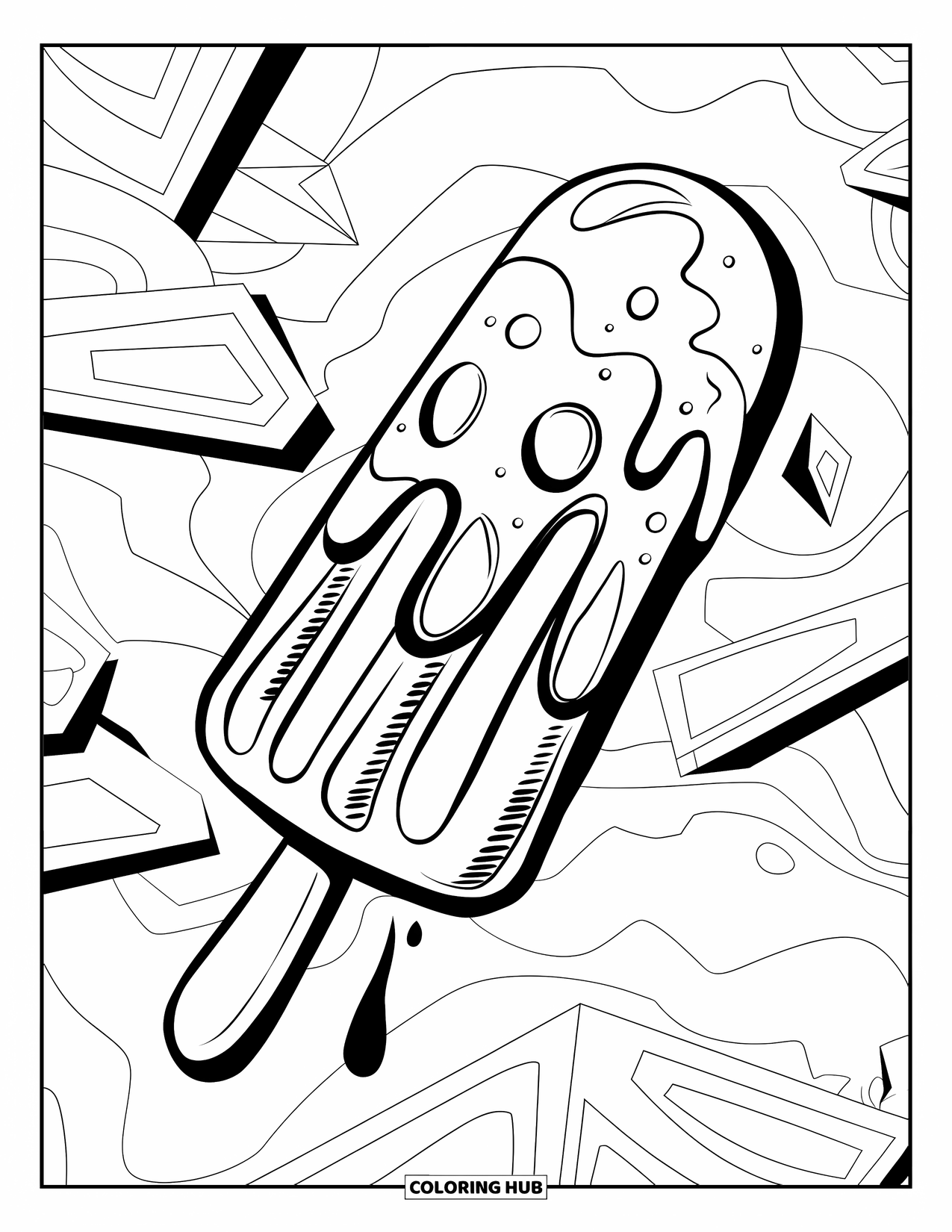 Popsicle Coloring Page for Kids: A beautifully swirled popsicle, placed on an abstract geometric background