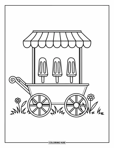 Coloriage de glace à l'eau pour enfants : Un chariot de glaces à l'eau charmant avec trois friandises glacées, assis dans un cadre extérieur paisible