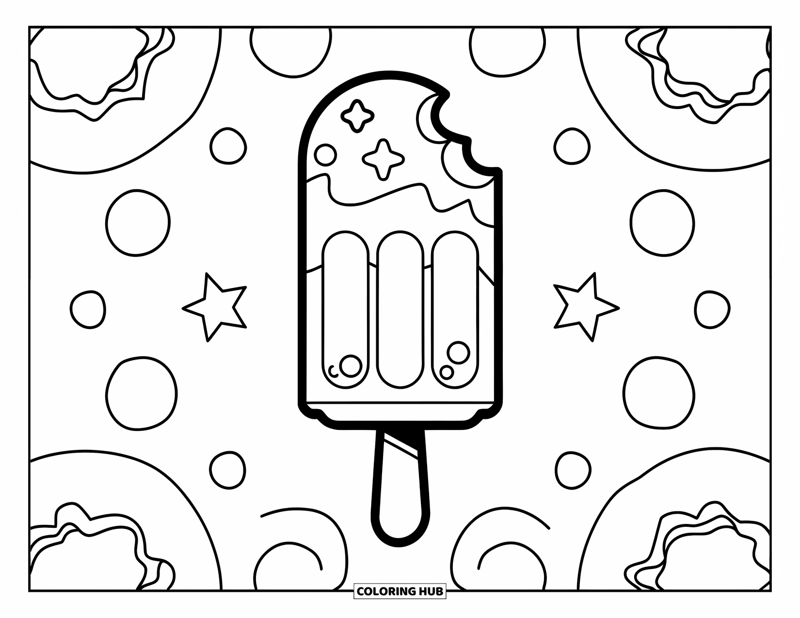 Popsicle Coloring Page for Kids: A charming popsicle with a heart-shaped bite, set against a fun, starry background