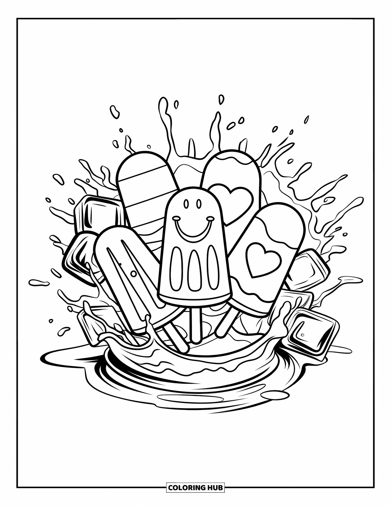 Popsicle Coloring Page for Kids: A cheerful collection of popsicles with unique designs, surrounded by splashing water