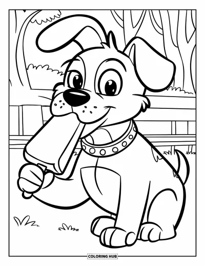 Coloriage de glaces pour enfants : Un chien joyeux qui lèche une glace, avec un adorable collier à pois
