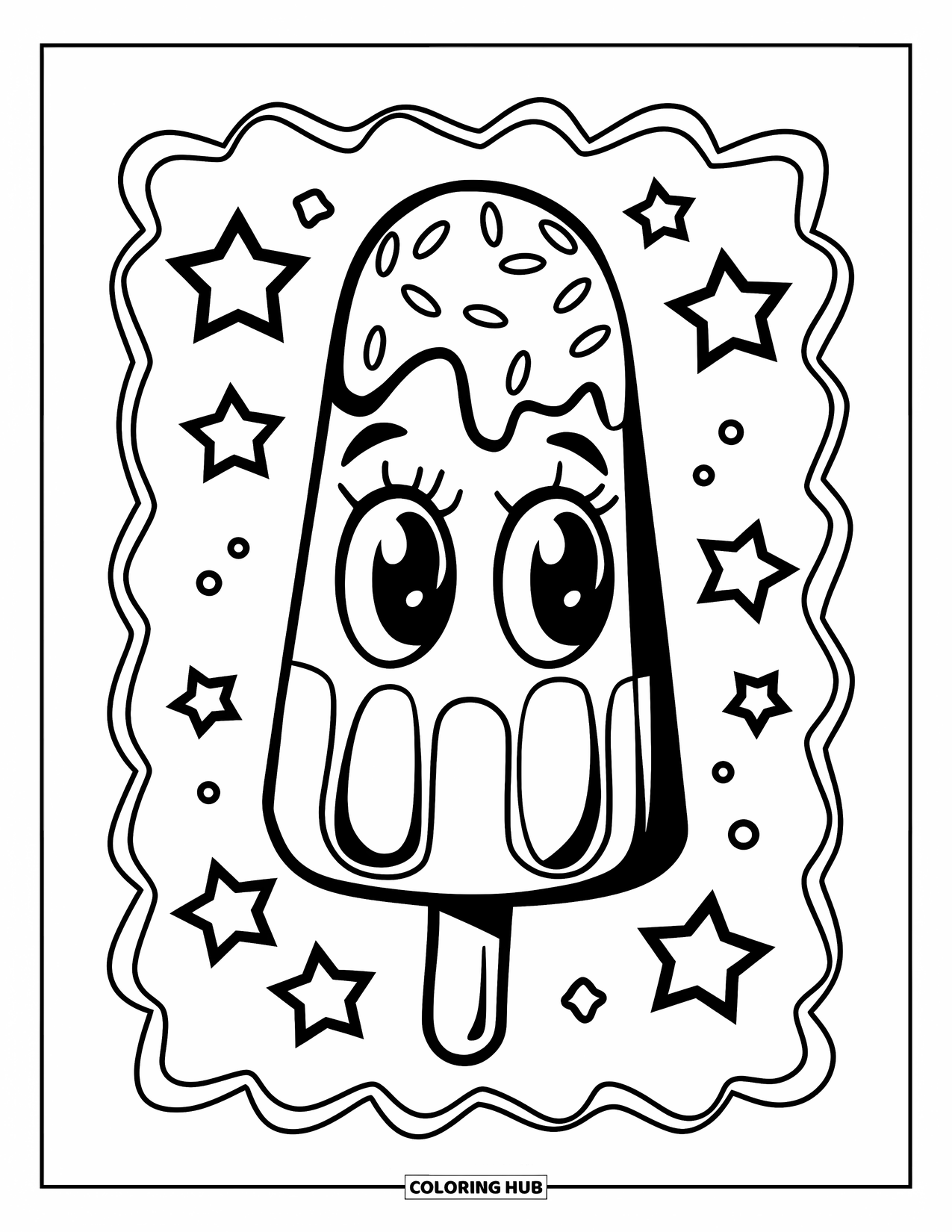 Popsicle Coloring Page for Kids: A cheerful popsicle with big cartoon eyes, sprinkles, and a fun wavy border