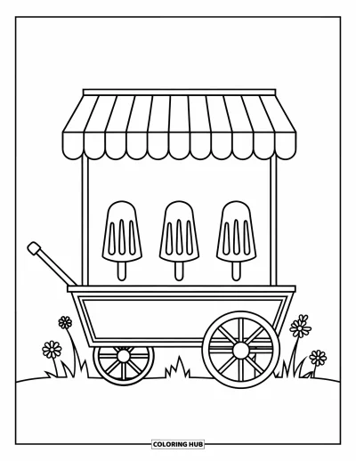 Coloriage de glace à l'eau pour enfants : Un chariot de glaces à l'eau classique avec des roues, présentant trois glaces à l'eau savoureuses