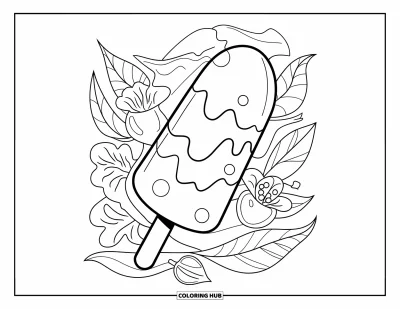 Coloriage de glace à l'eau pour enfants : Une glace à l'eau colorée à plusieurs couches fondante, entourée d'éléments floraux détaillés