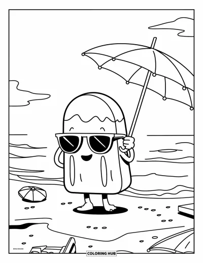 Coloriage de glace à l'eau pour enfants : Un personnage de glace à l'eau cool avec des lunettes de soleil, debout sur la plage avec des vagues et des jouets
