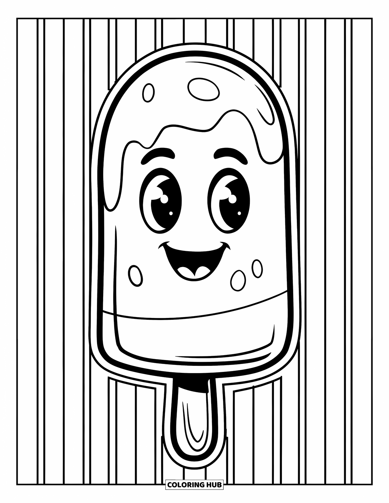 Popsicle Coloring Page for Kids: A cute smiling popsicle, standing happily on a striped background