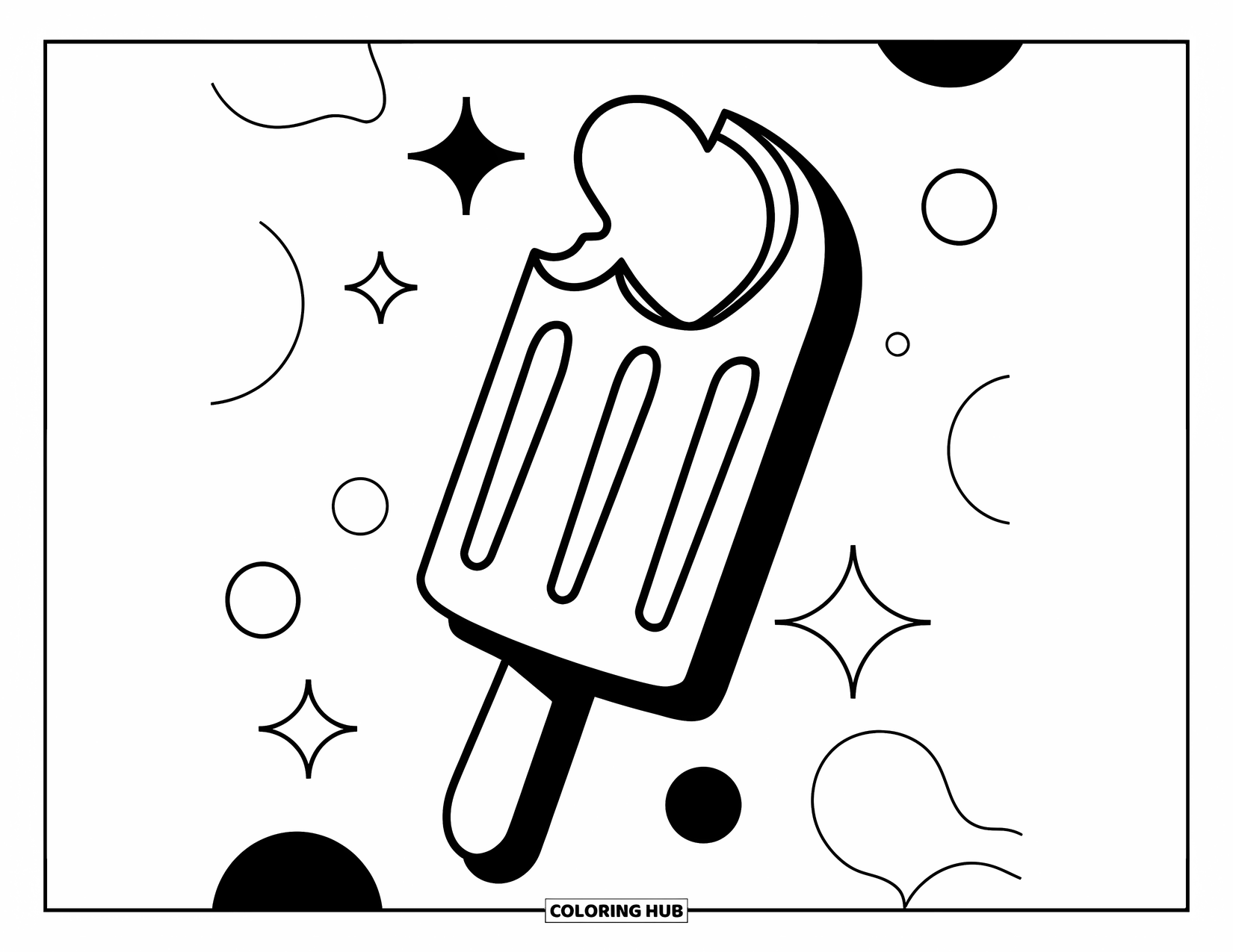 Popsicle Coloring Page for Kids: A delightful popsicle with a heart-shaped bite, encircled by stars and dots