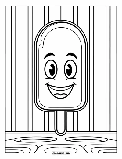 Coloriage de glace à l'eau pour enfants : Une glace à l'eau amicale avec un visage souriant, debout contre un fond rayé