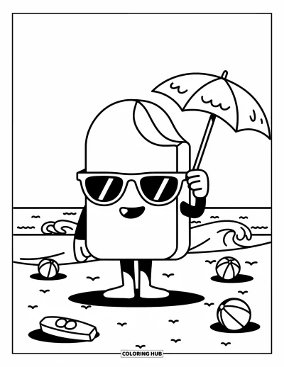 Coloriage de glace à l'eau pour enfants : Un personnage de glace à l'eau aimant s'amuser avec des lunettes de soleil, profitant d'une journée ensoleillée à la plage