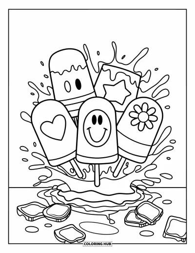 Coloriage de glace à l'eau pour enfants : Un groupe de glaces à l'eau amusantes avec différents motifs, éclaboussant à travers l'eau et les glaçons