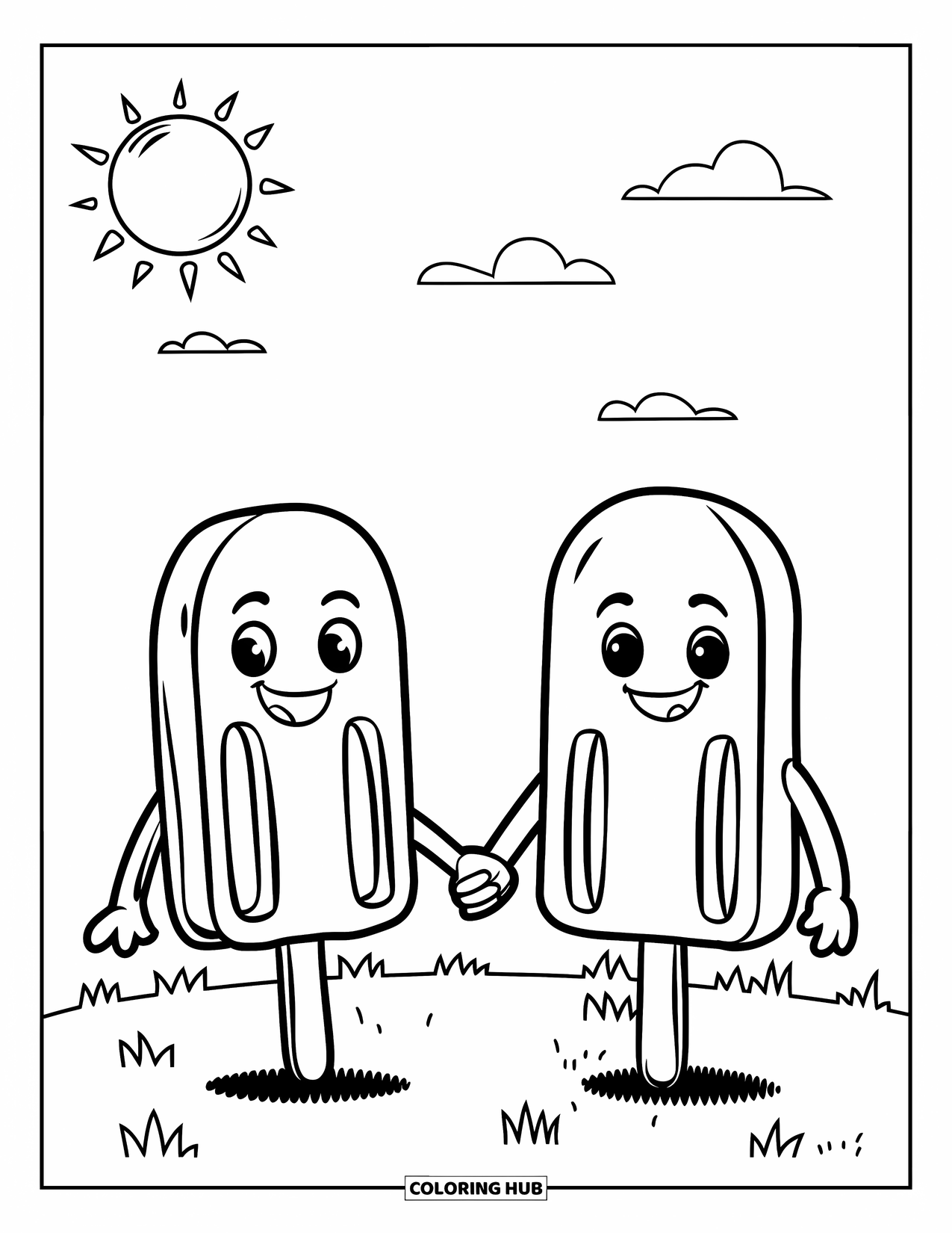 Popsicle Coloring Page for Kids: A happy pair of popsicles holding hands, standing on a grassy field under a sunny sky