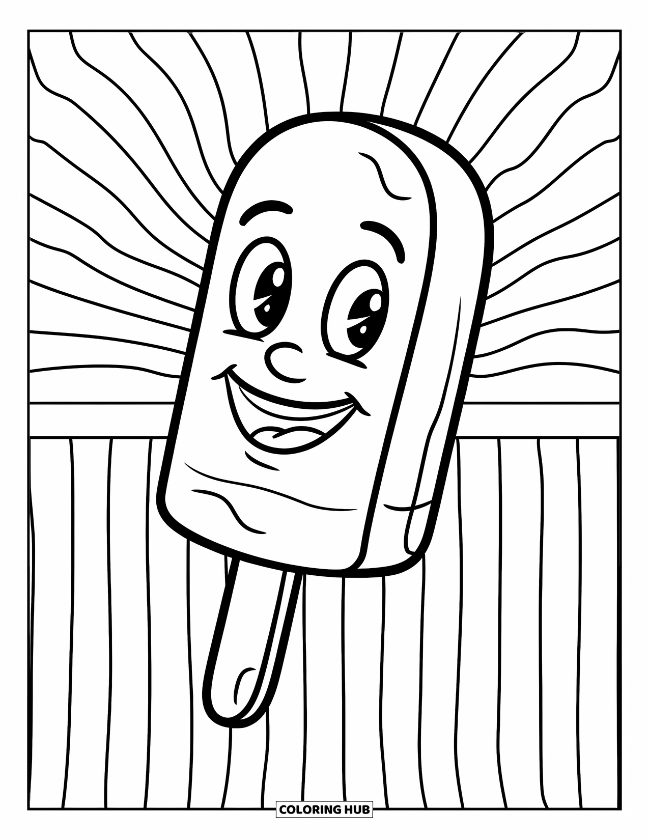 Popsicle Coloring Page for Kids: A happy popsicle with a big smile, sitting on a striped background