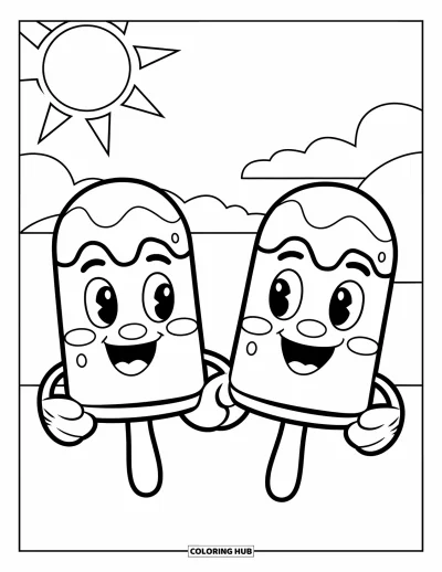 Coloriage de glace à l'eau pour enfants : Une paire de glaces à l'eau joyeuses se tenant la main sous un ciel chaud et ensoleillé