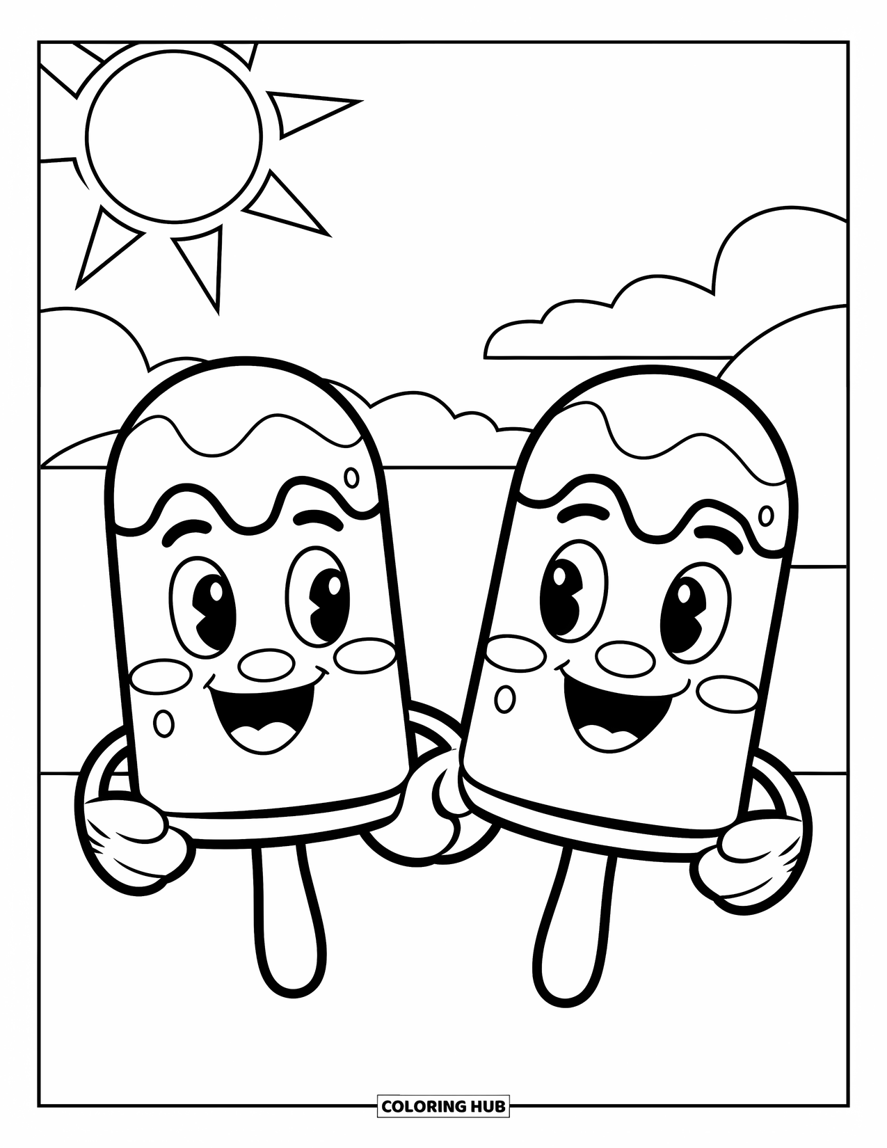 Popsicle Coloring Page for Kids: A joyful pair of popsicles holding hands beneath a warm, sunny sky