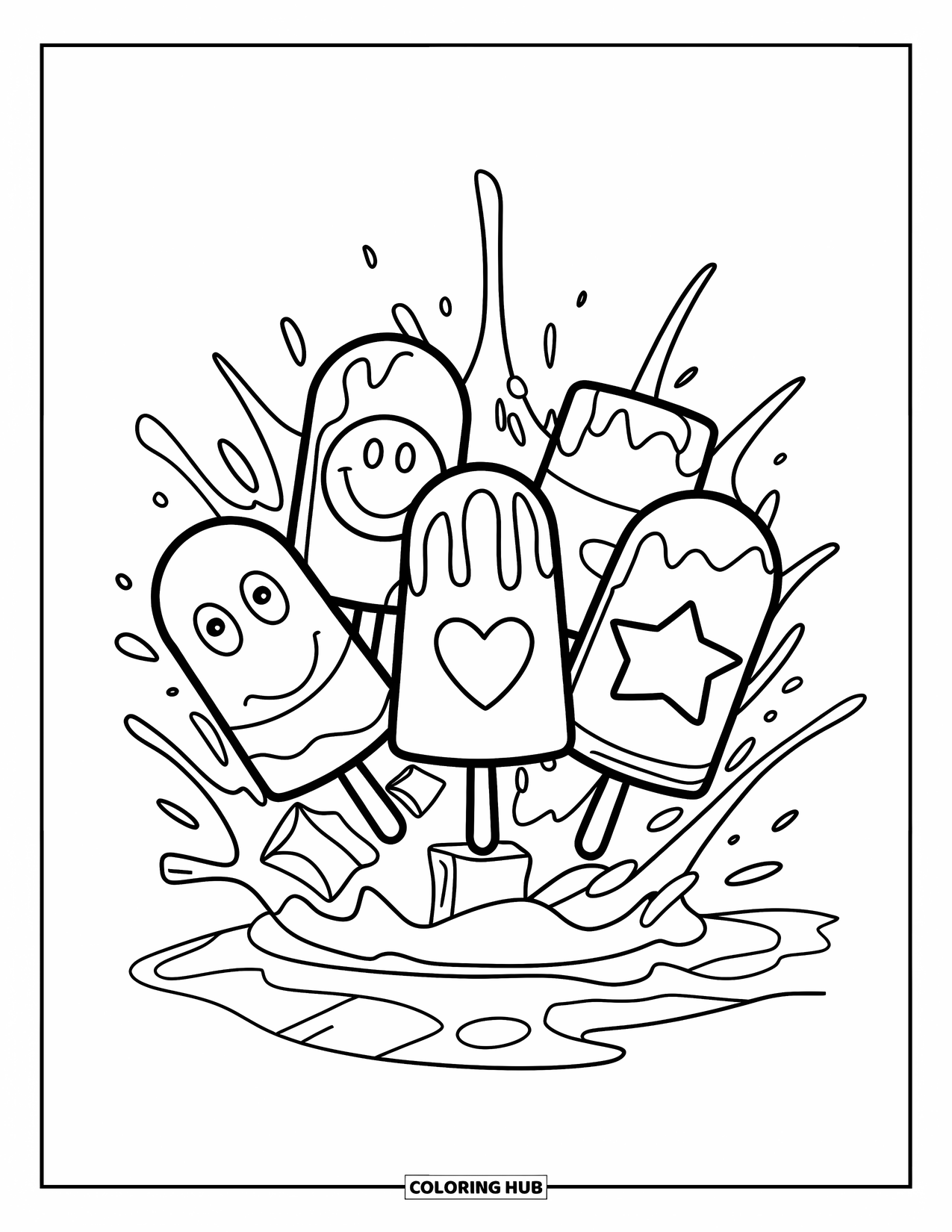 Popsicle Coloring Page for Kids: A lively splash of water with popsicles featuring playful patterns and designs