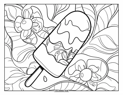 Coloriage de glace à l'eau pour enfants : Une glace à l'eau fondante remplie de fruits avec des motifs floraux détaillés en arrière-plan