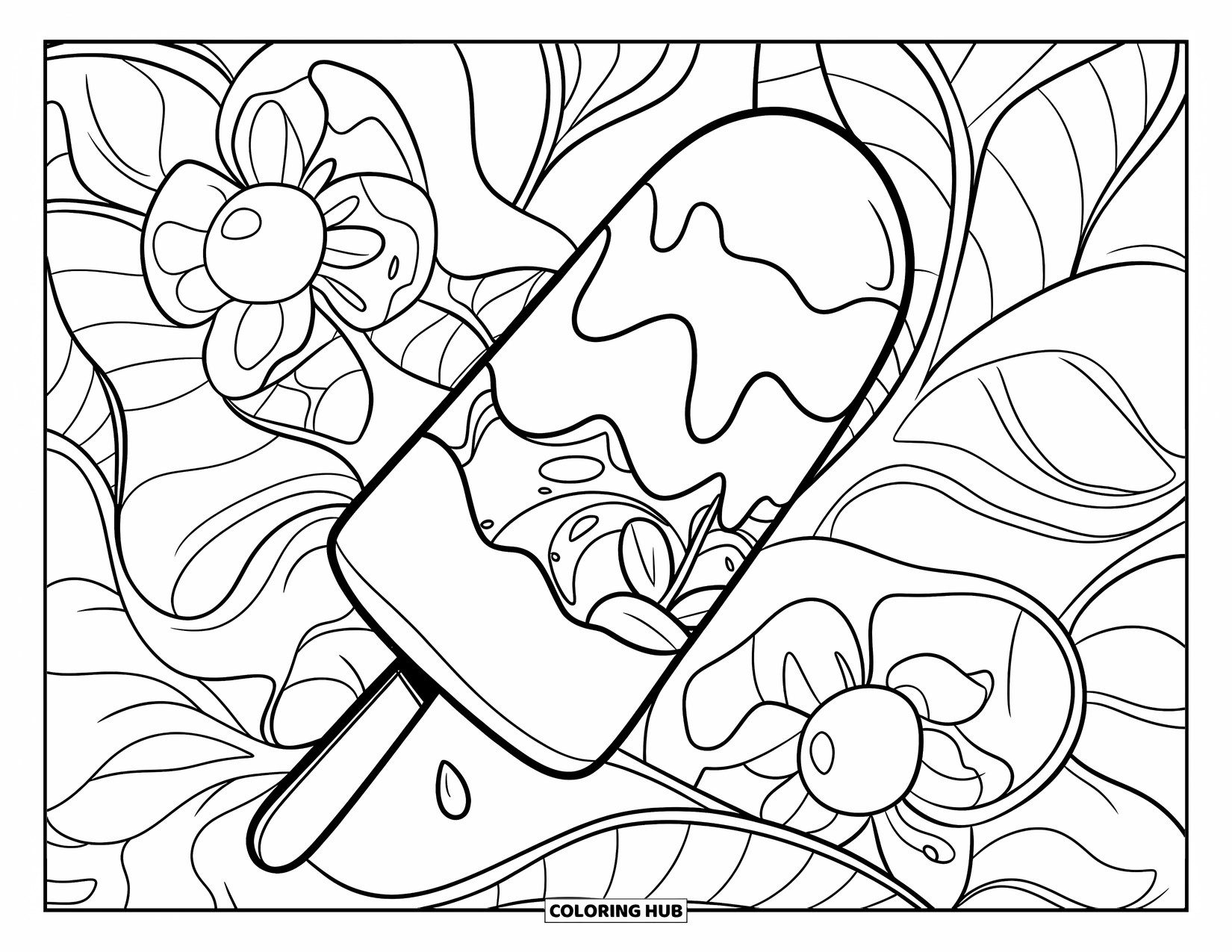 Popsicle Coloring Page for Kids: A melting fruit-filled popsicle with detailed floral designs in the background