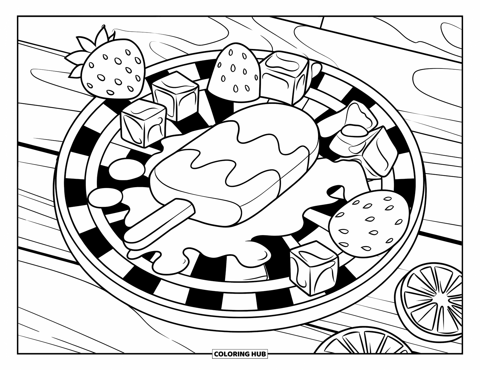 Popsicle Coloring Page for Kids: A melting popsicle dripping onto a checkered plate with fruit slices and ice cubes