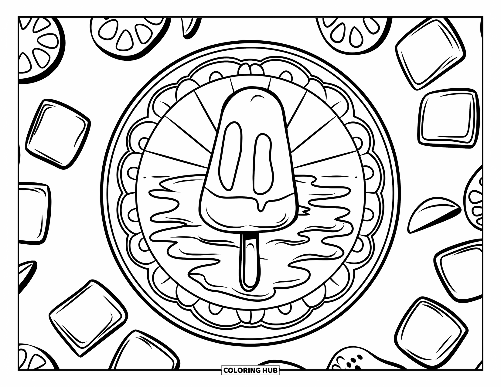 Popsicle Coloring Page for Kids: A melting popsicle dripping onto a decorative plate, surrounded by ice cubes and fruit slices