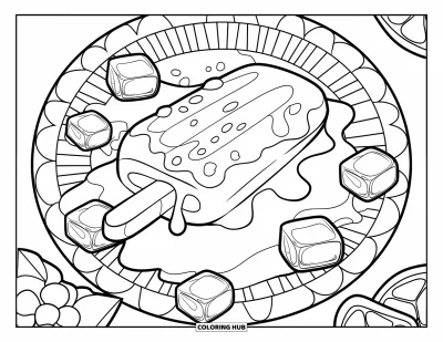 Coloriage de glace à l'eau pour enfants : Une glace à l'eau fondante sur une assiette à motifs, entourée de glaçons et de tranches de fruits