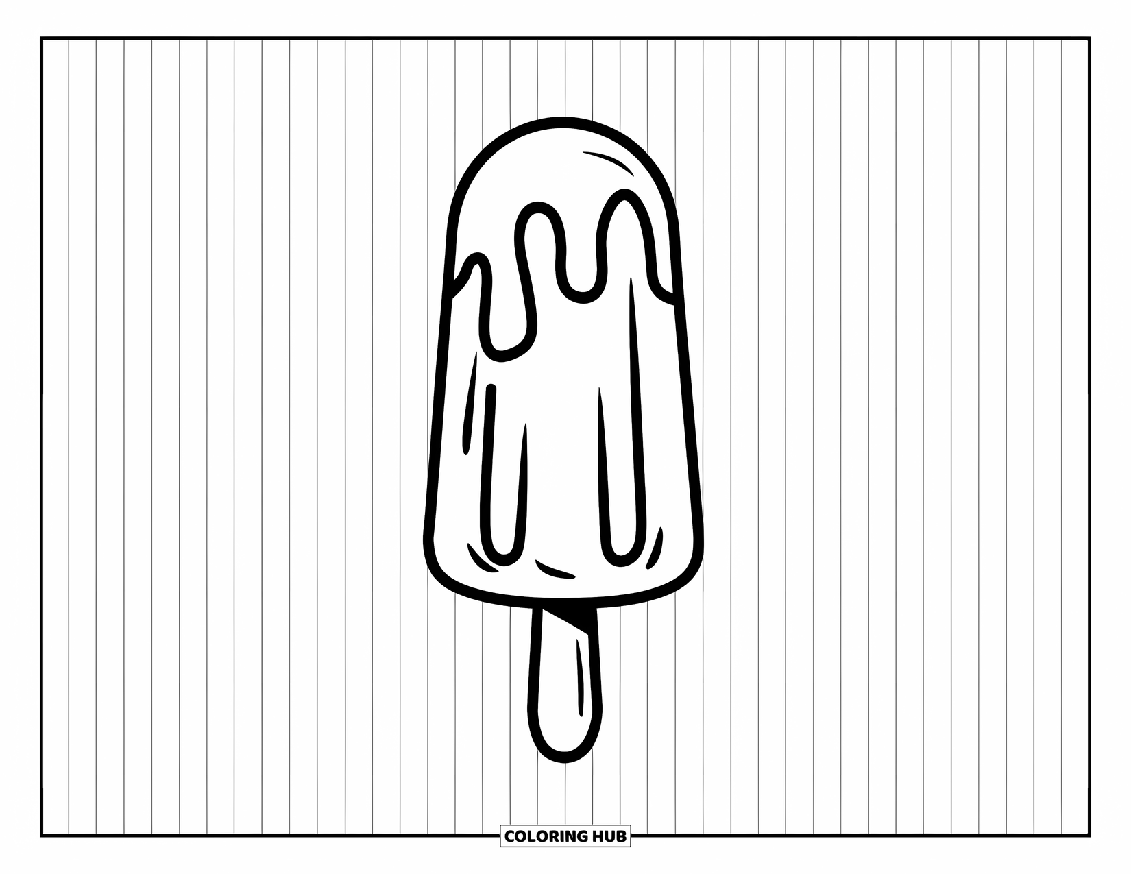 Popsicle Coloring Page for Kids: A melting popsicle with bold drips, resting on a striped background