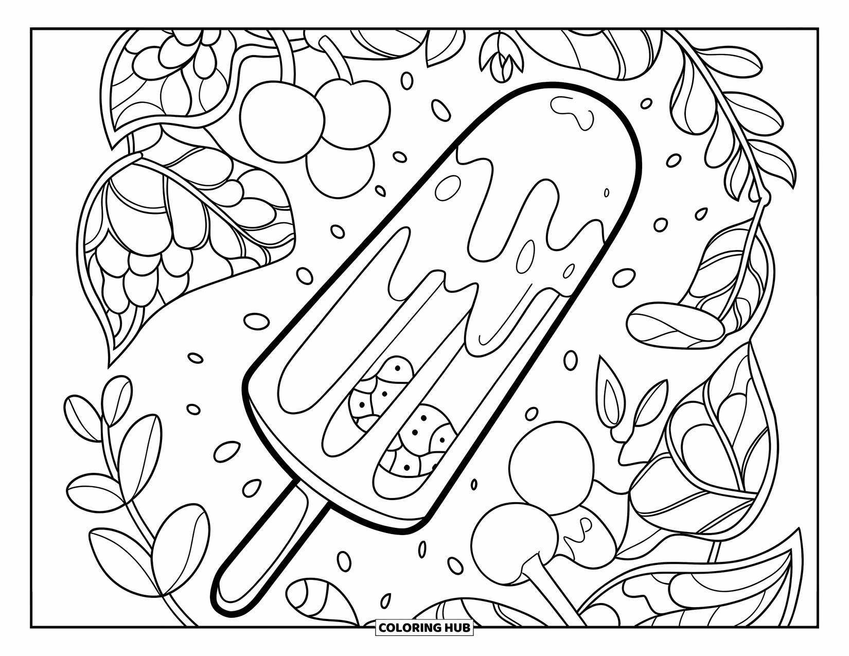 Popsicle Coloring Page for Kids: A melting popsicle with fruit layers, surrounded by intricate leaves and flowers