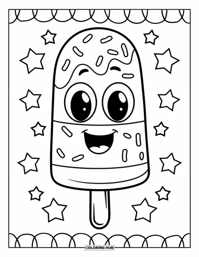 Coloriage de glace à l'eau pour enfants : Une glace à l'eau ludique avec de grands yeux de dessin animé et des vermicelles, entourée d'étoiles