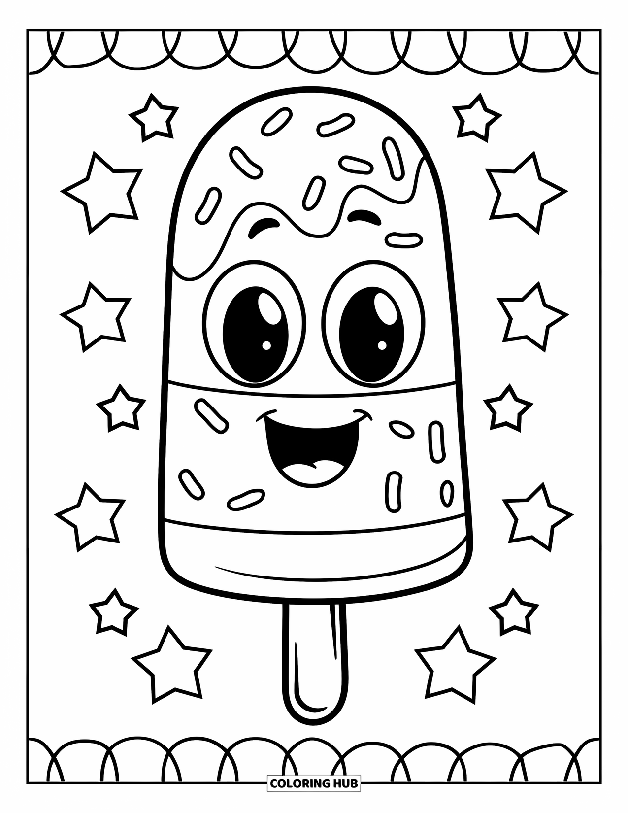 Popsicle Coloring Page for Kids: A playful popsicle with big cartoon eyes and sprinkles, surrounded by stars