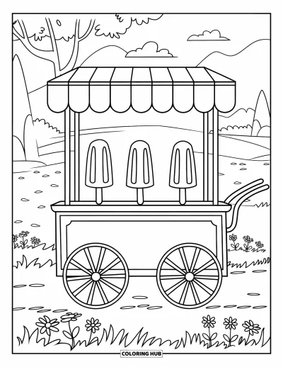 Coloriage de glace à l'eau pour enfants : Un chariot de glaces à l'eau avec trois friandises glacées, situé dans un paysage pittoresque avec des montagnes